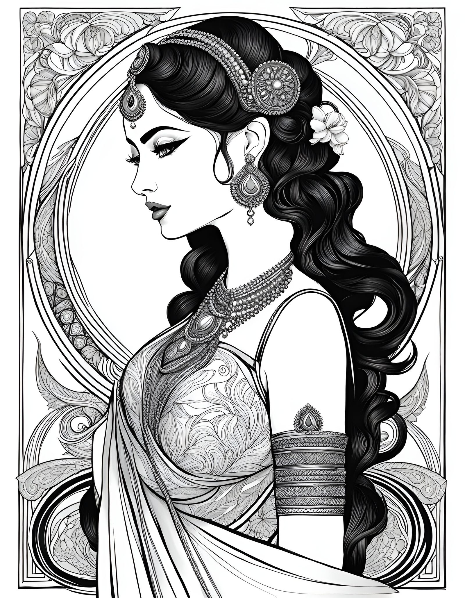 Perfume Goddess: Detailed Art Nouveau Line Drawing