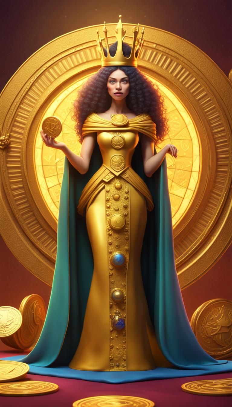 Kind Queen with Golden Coins in 3D Digital Art