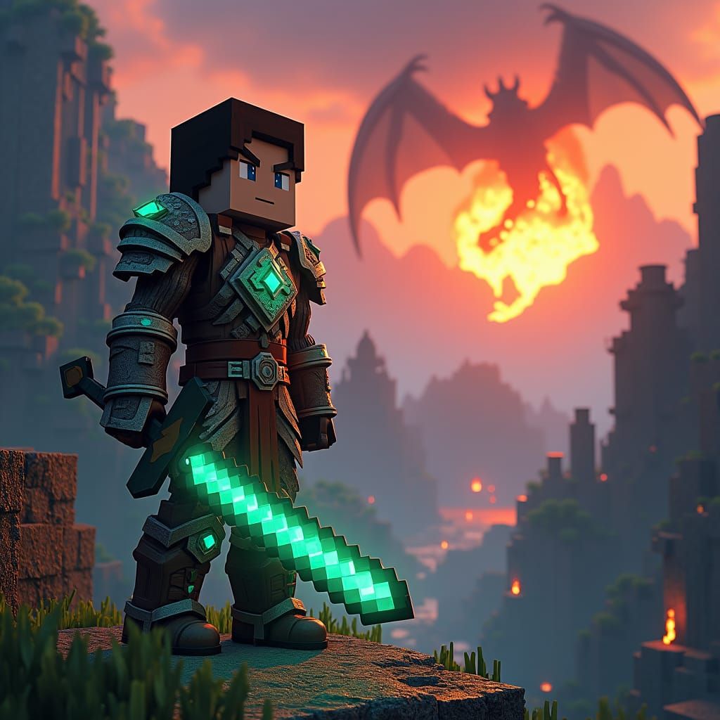 High-Fantasy Minecraft Scene with Diamond Armor and Dragon