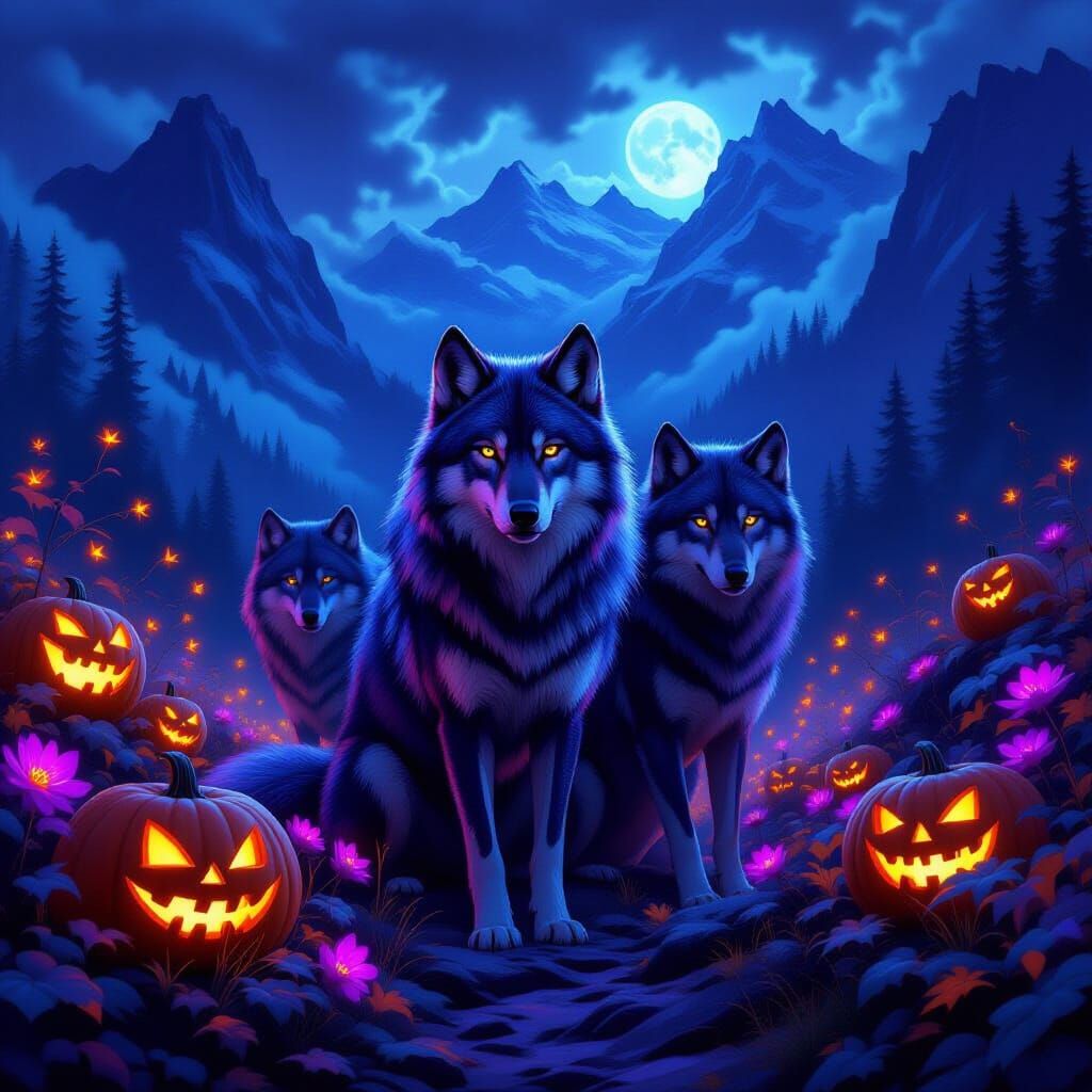Regal Purple Wolf in Mystical Mountain Landscape