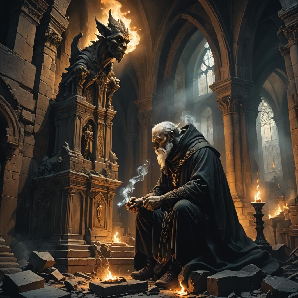Cleric Smoking in Abandoned Church in Dark Fantasy Style