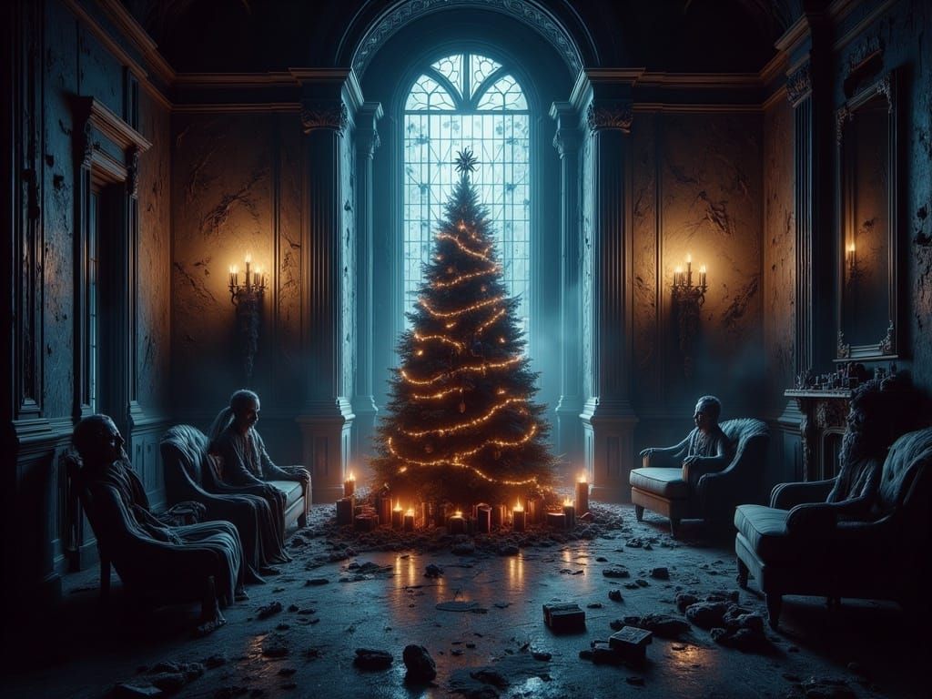 Dark Fantasy Christmas Scene in Decaying Mansion