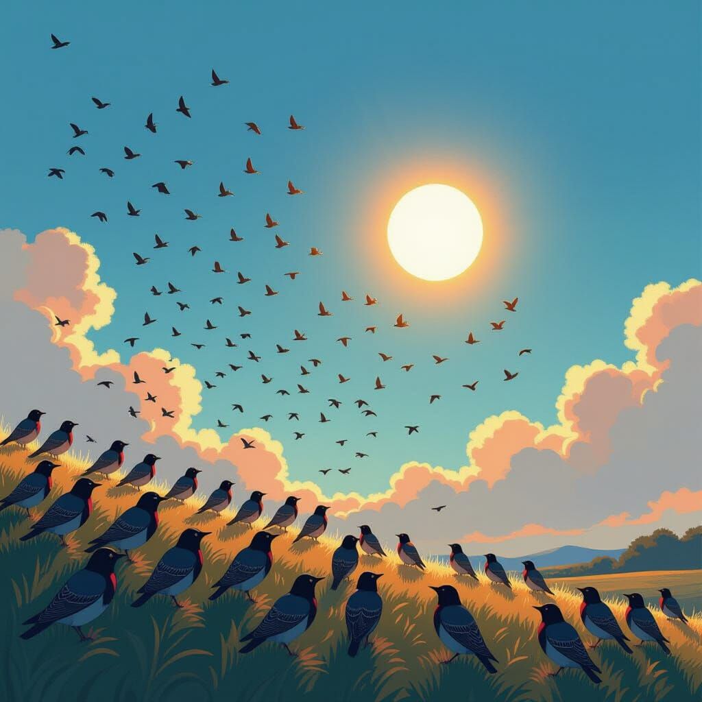 Iridescent Starlings Murmuration in Animated Style