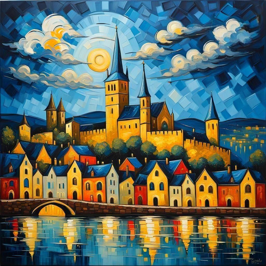 Medieval City with Surreal Moon, Expressionist Oil Painting