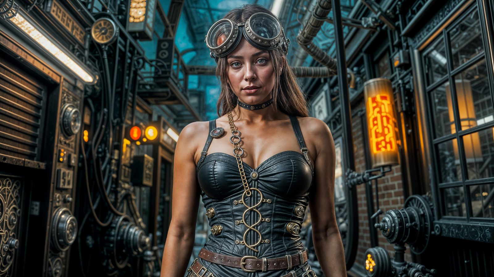 Hyperrealistic Woman Portrait in Cyberpunk Steampunk Style