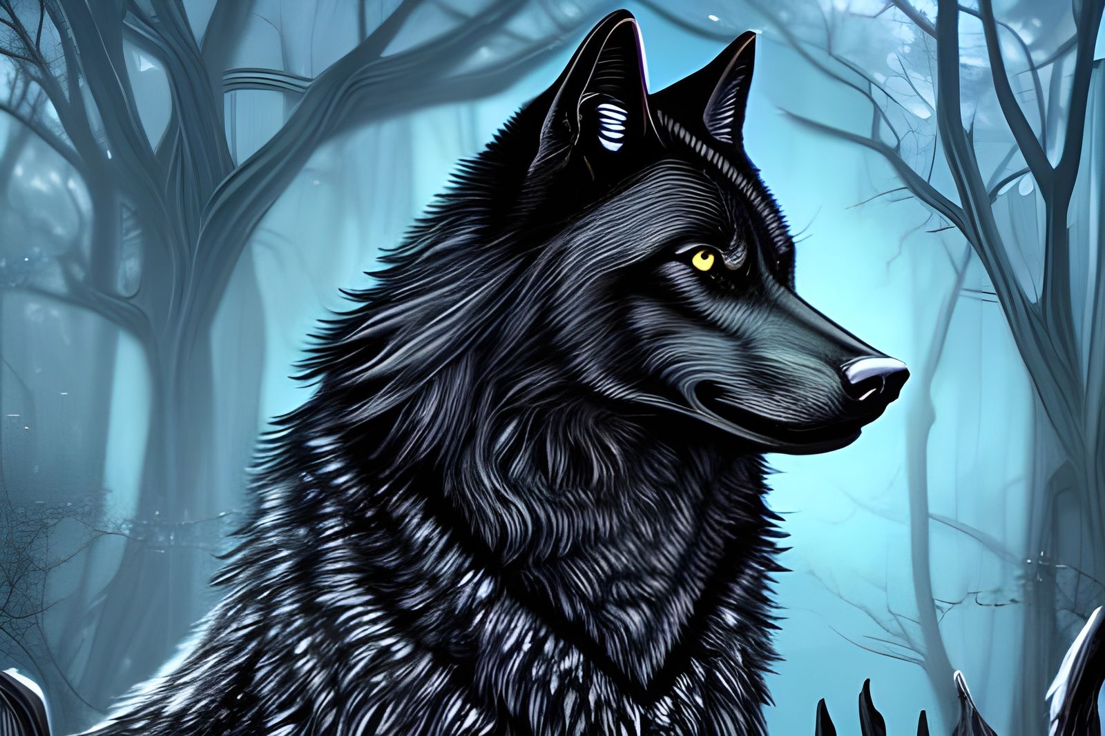 Majestic Black Wolf with Blue Eyes: Dark Fantasy Illustratio...