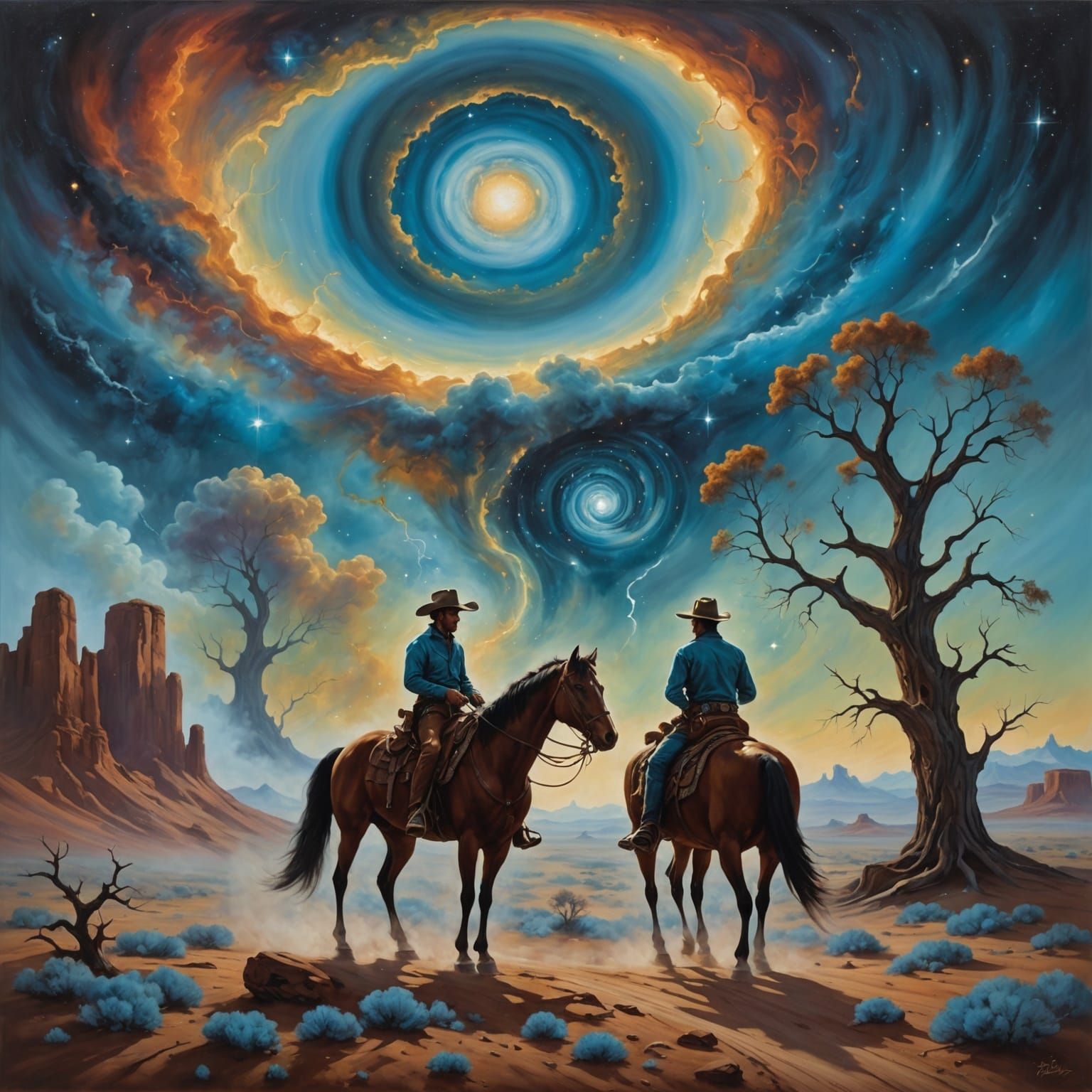 Cowboy Rides Through Cosmic Dreamscape Oil Painting