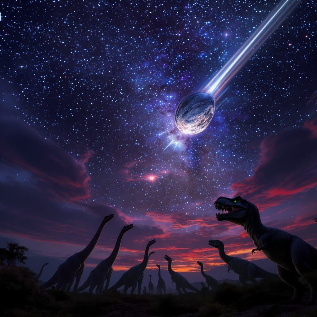 Dinosaurs React to Approaching Asteroid in Twilight Sky