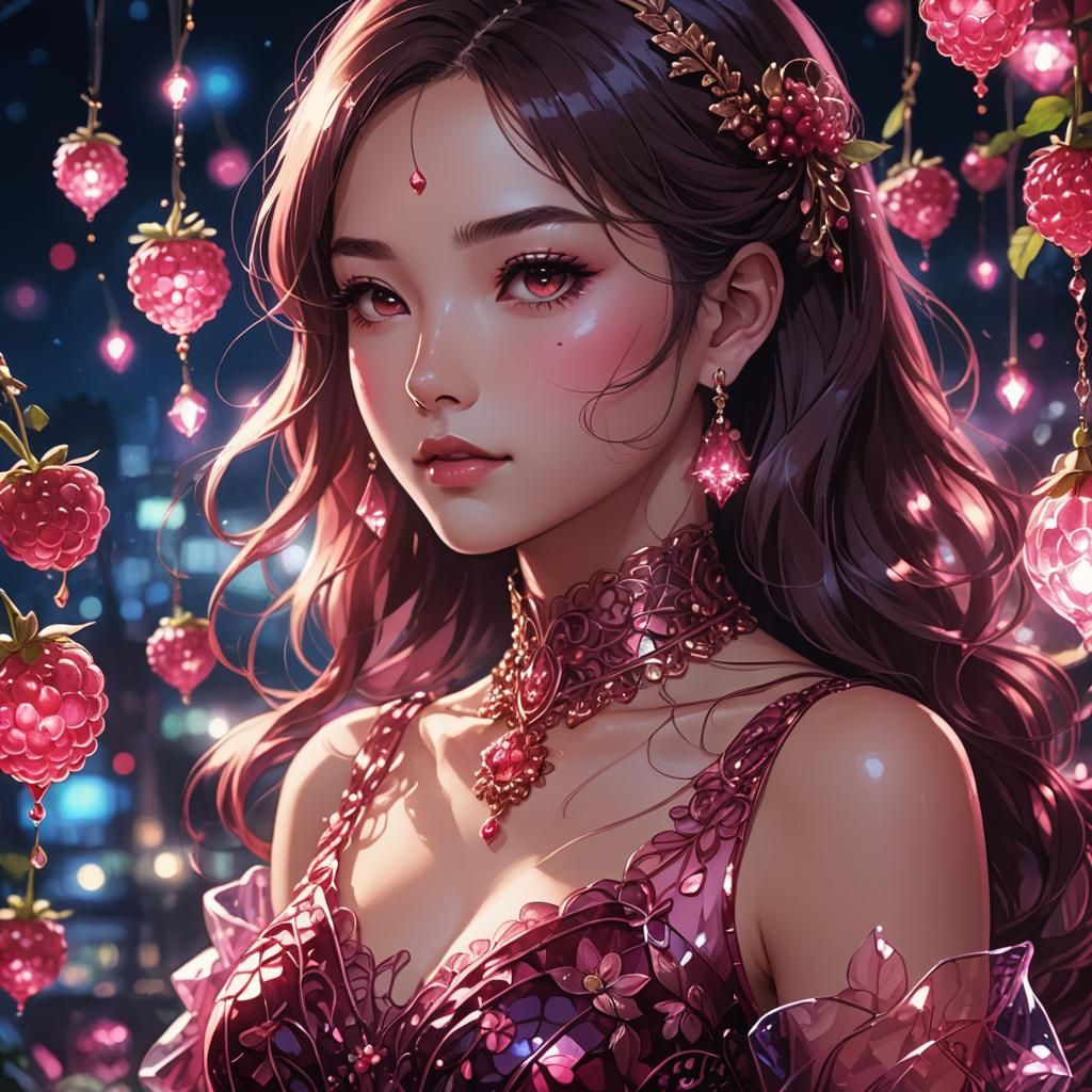 Beautiful Woman in Raspberry Dress, Cel-Shaded Anime Style
