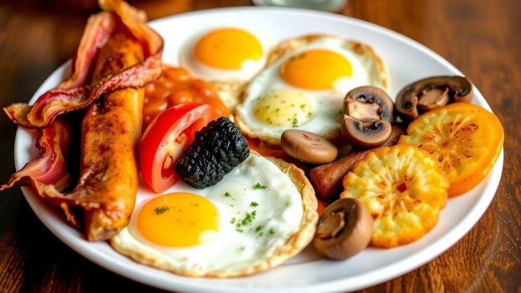 A Full English Breakfast, bacon, sausage, black pudding, egg...