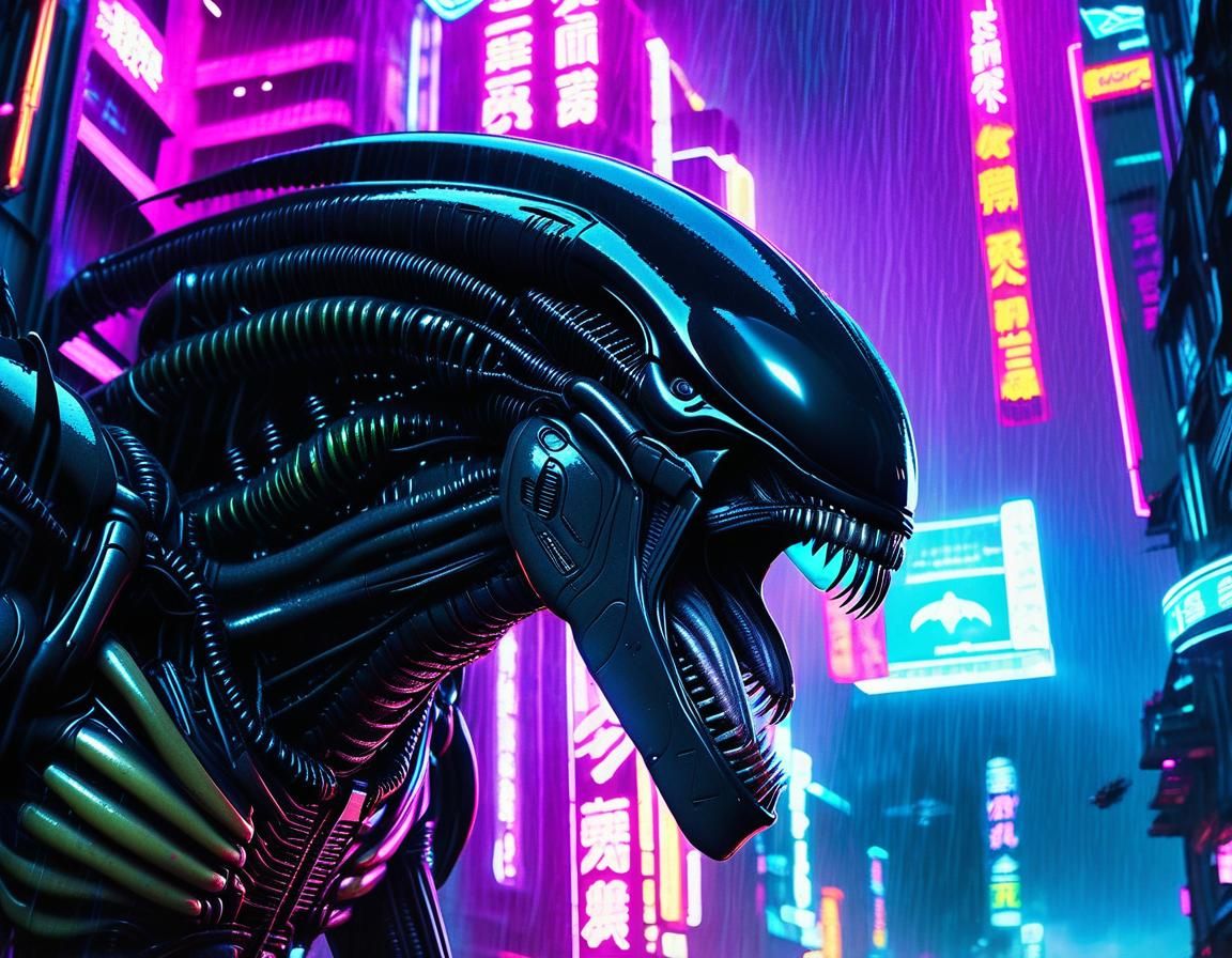 Xenomorph Queen Descends on Cyberpunk City