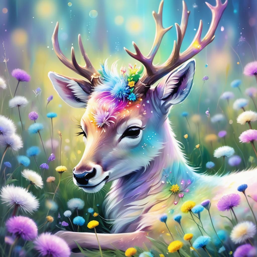 Rainbow Deer Sleeping: A Fantastical Art Nouveau Oil Paintin...