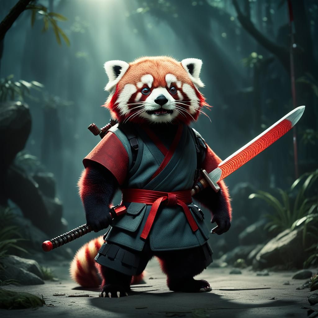 Red Panda Samurai with Katana: Cinematic Film Still