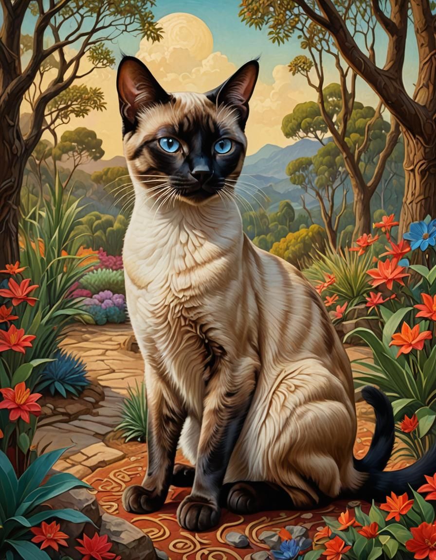 Ceremonial Siamese Cat in Detailed Oil Painting Style