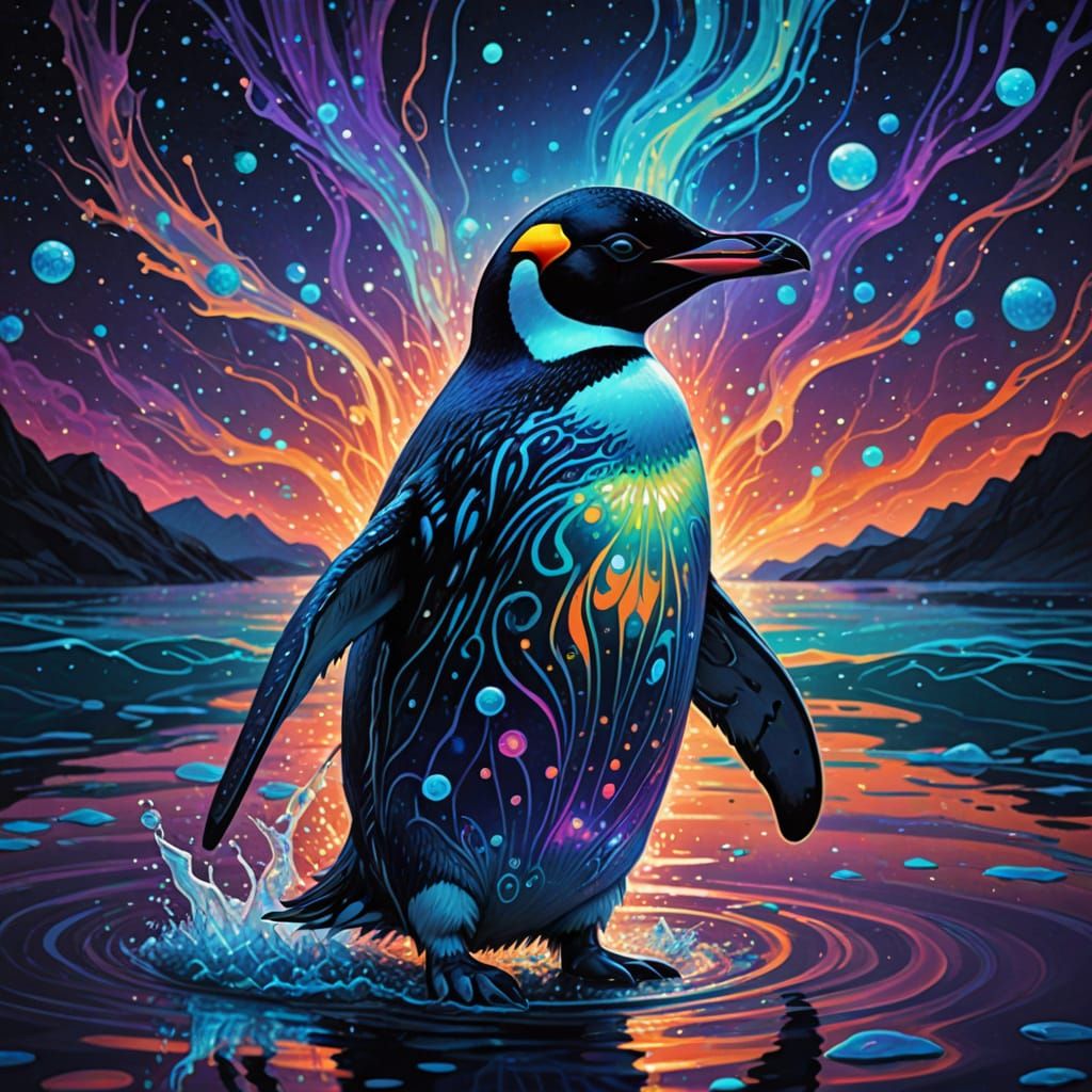 Enchanted Penguin Swims in Bioluminescent Cosmic Sea