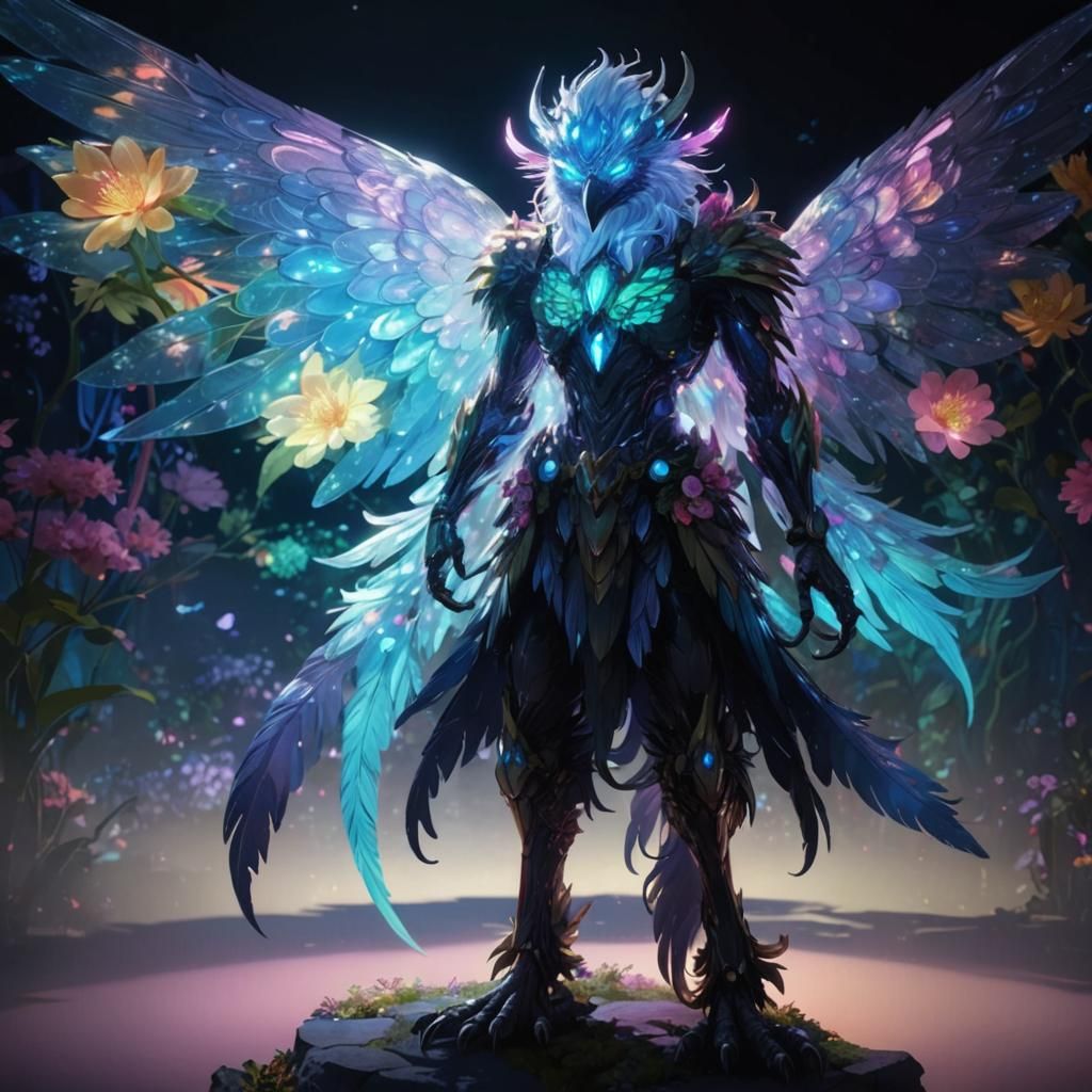 Winged Creature in Neon Garden, Anime Concept Art