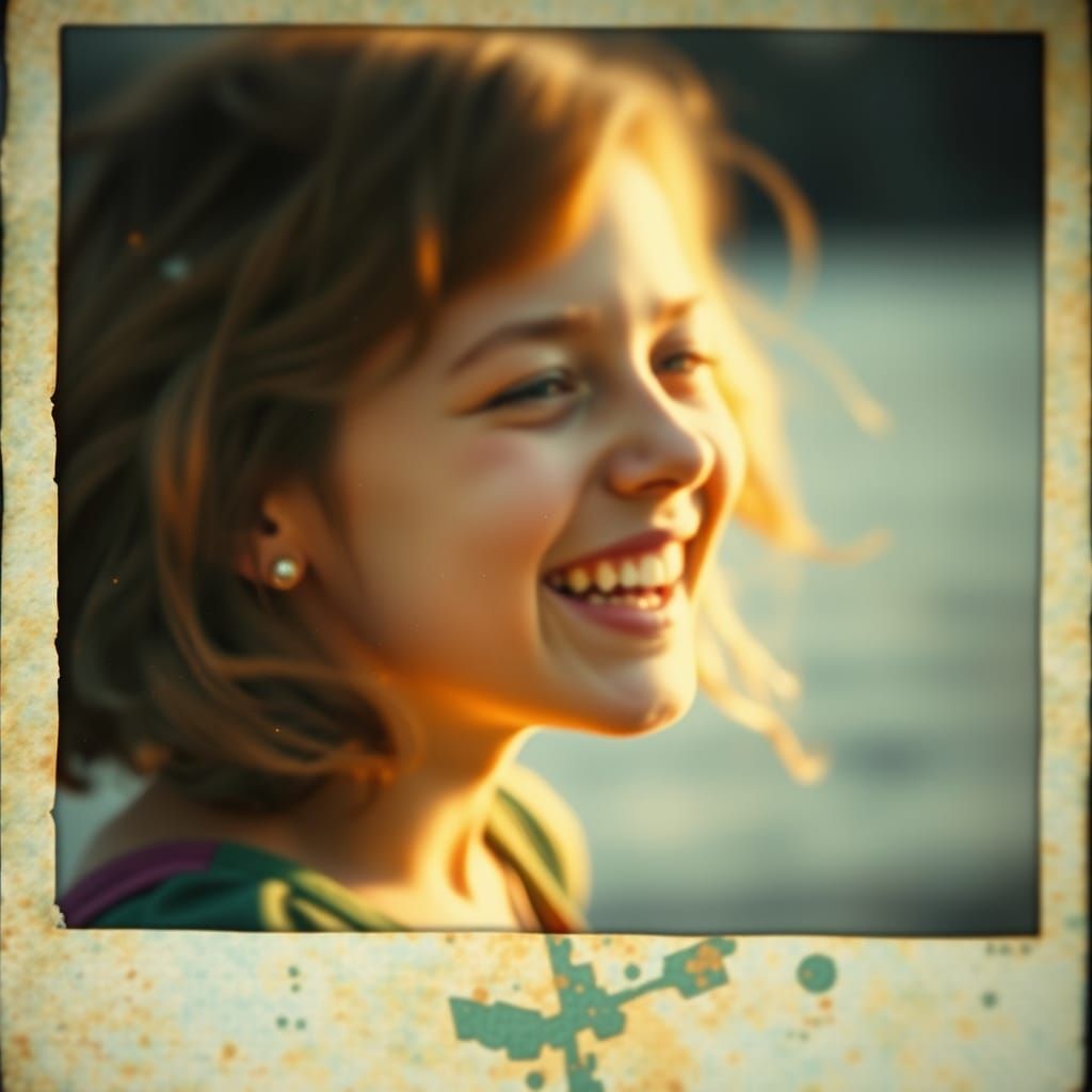A Faded Polaroid of a Laughing Girl by the Lake