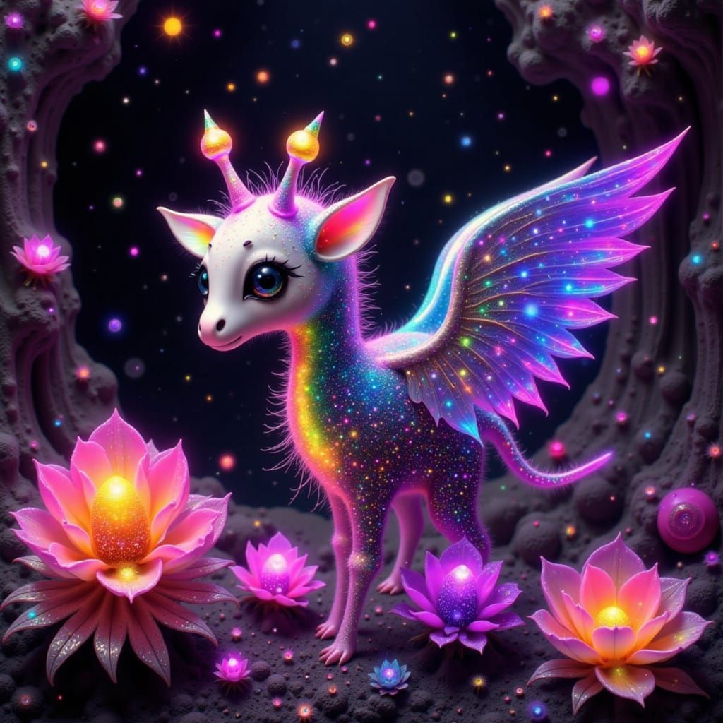 Iridescent Giraffe in Bioluminescent Cave, Surreal Art