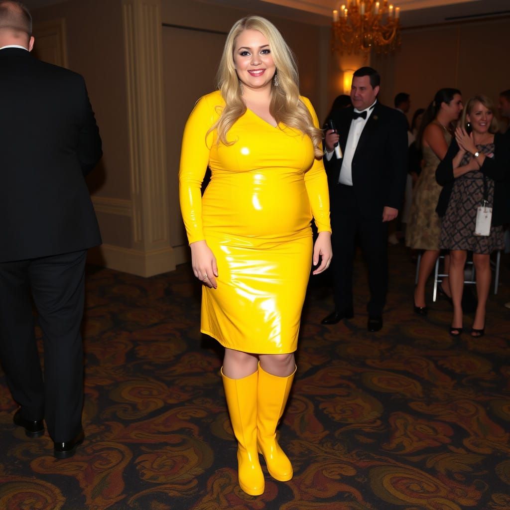 Plus Size Woman in Yellow Vinyl Attire at Awards Banquet