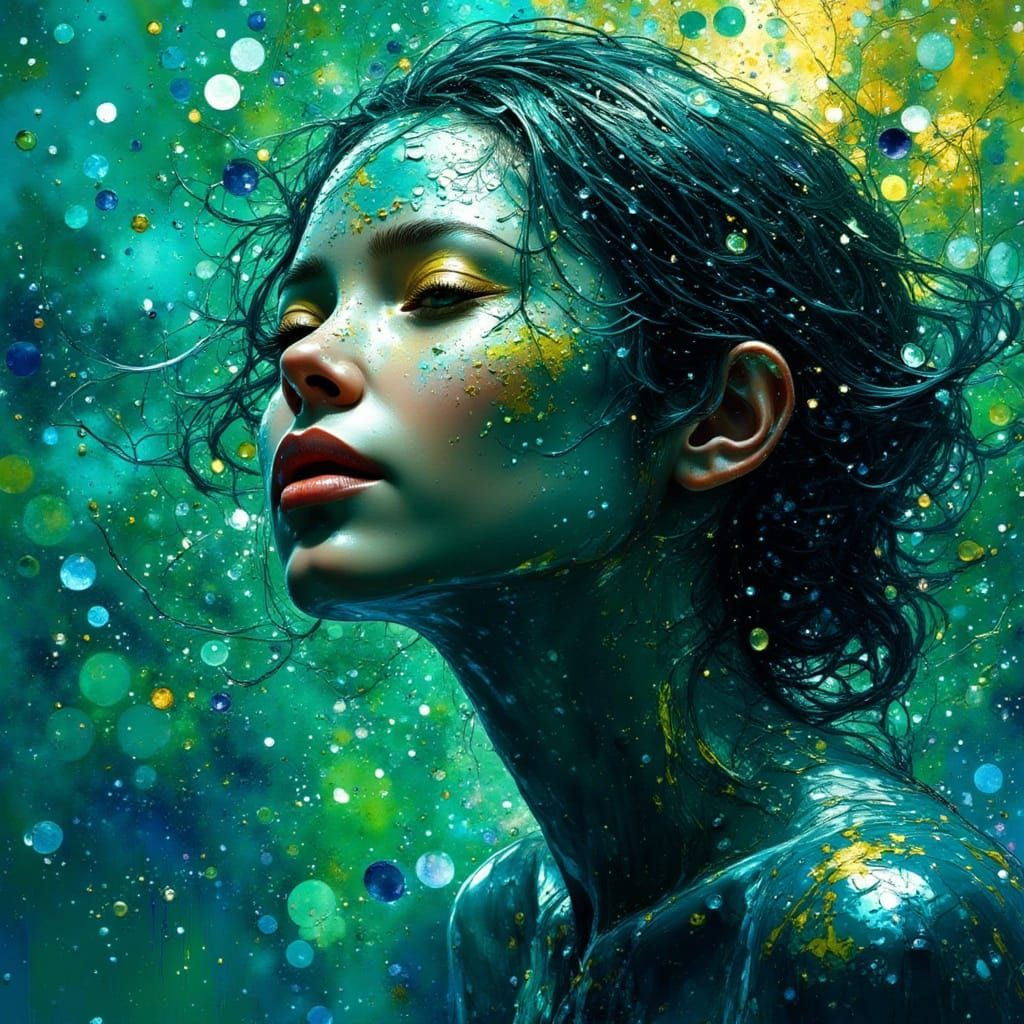 Expressionist Portrait of Serene Love in Vibrant Blues and G...