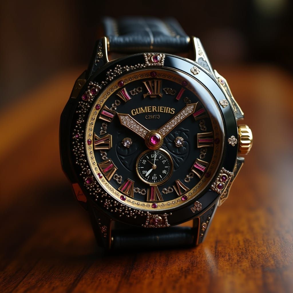 Luxurious Ornate Watchface with Gold and Rubies