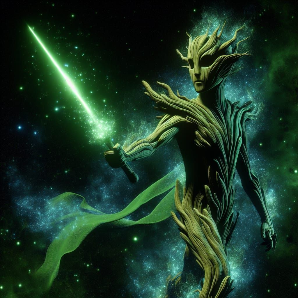 Mystical Wood Being with Energy Sword