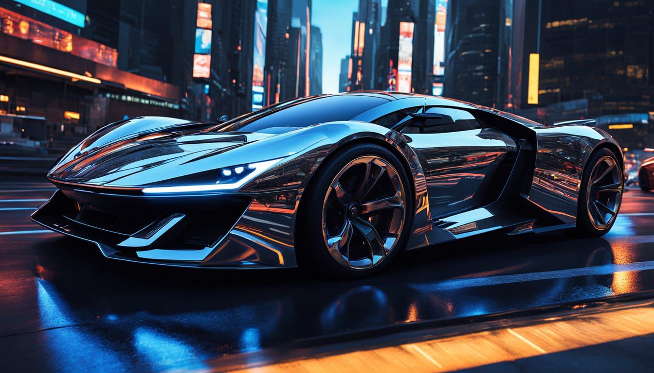 Cyberpunk Chrome Supercar Speeds Across Neon Highway