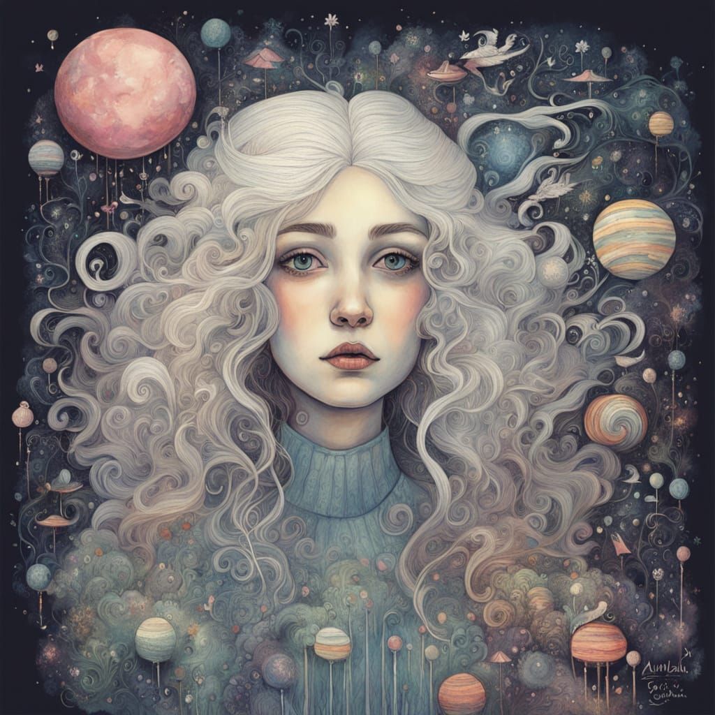 Surreal Zentangle Portrait with Cotton Candy Hair