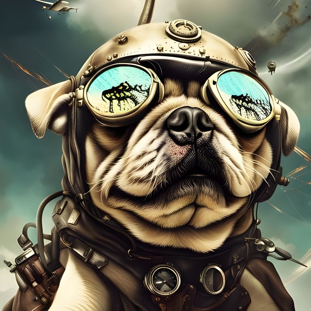 Mad Max Pug Dog Skydiving in Steampunk Style