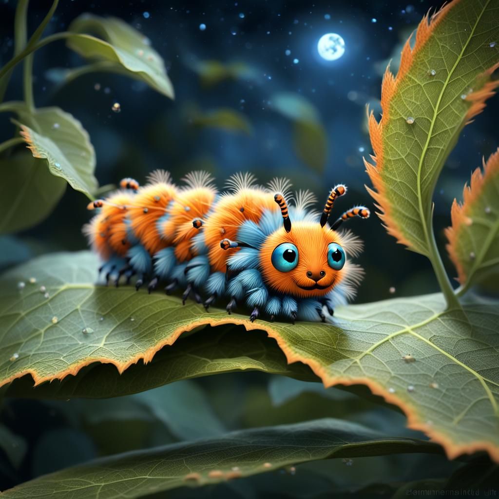 a charming super-cute orange fluffy caterpillar with black d...