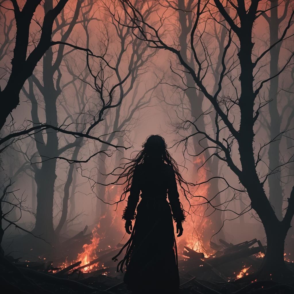 Mysterious Night Forest with Red Light, Surreal Style