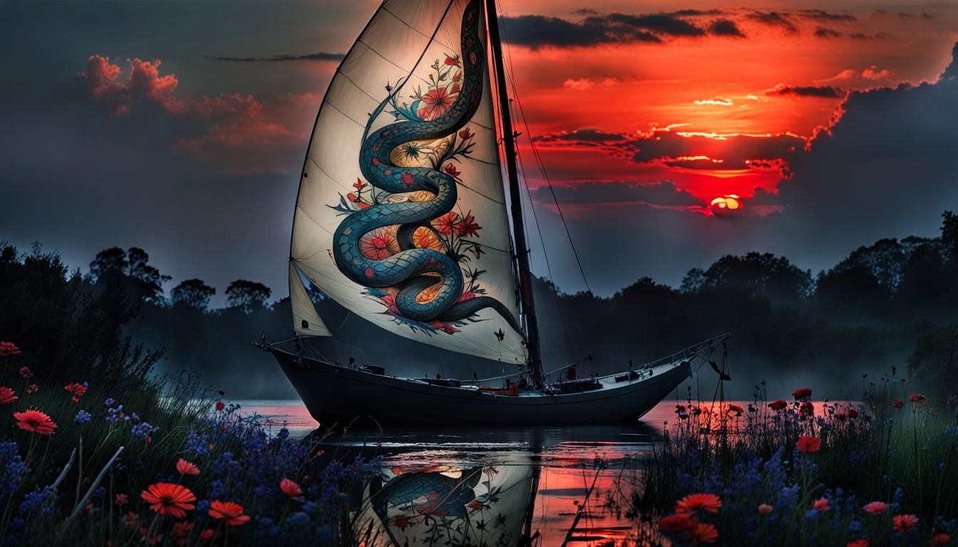 Sailboat Snake Tattoo at Sunset: Color Print Art