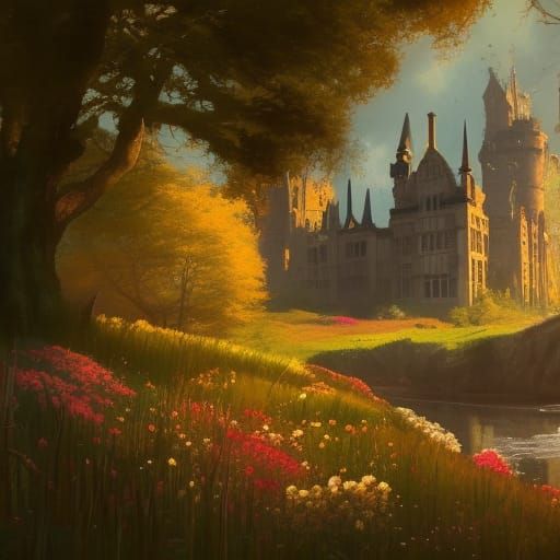 Victorian Gothic Castle in Summer Sunlight