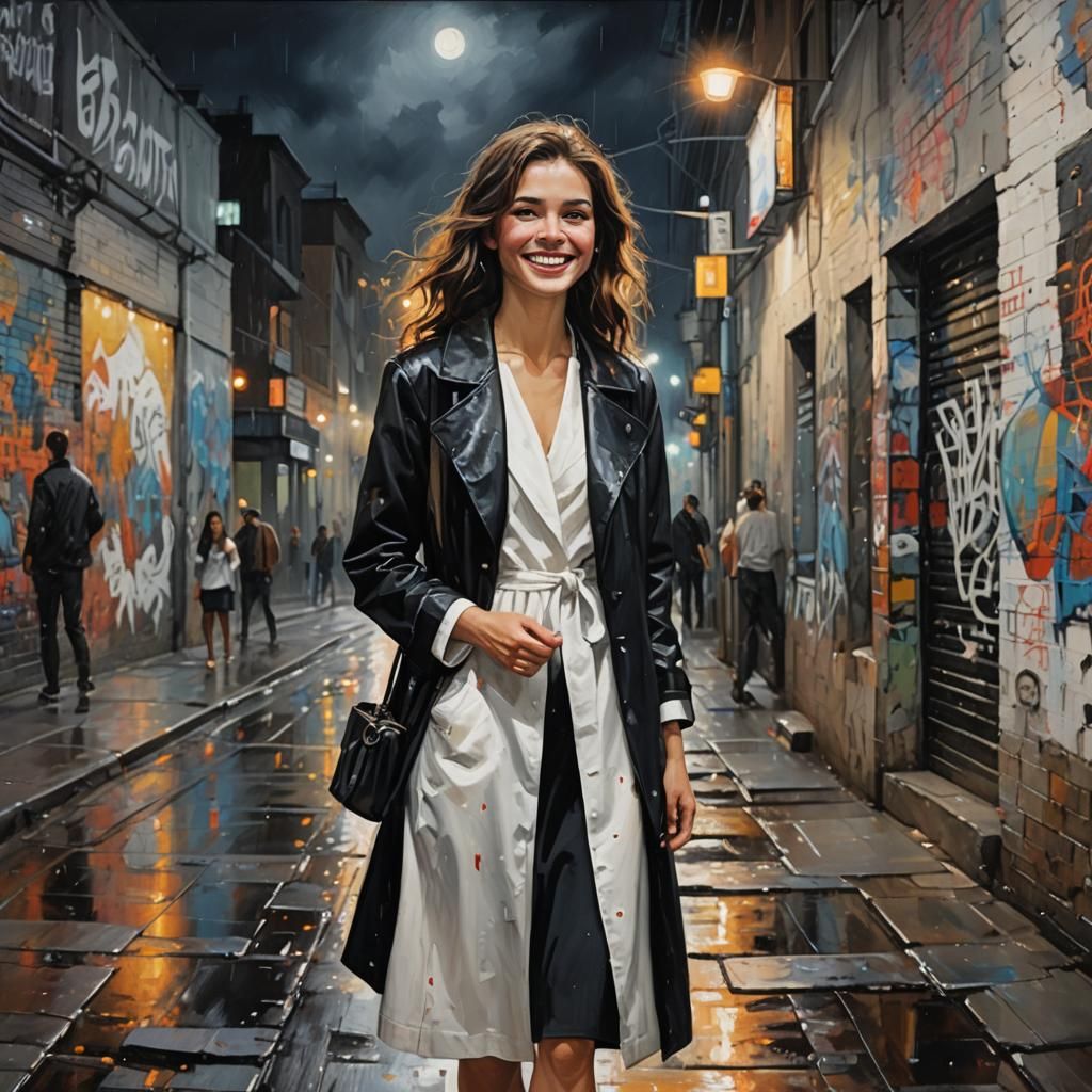 Smiling Woman in Rain, Graffiti Background, Oil Painting