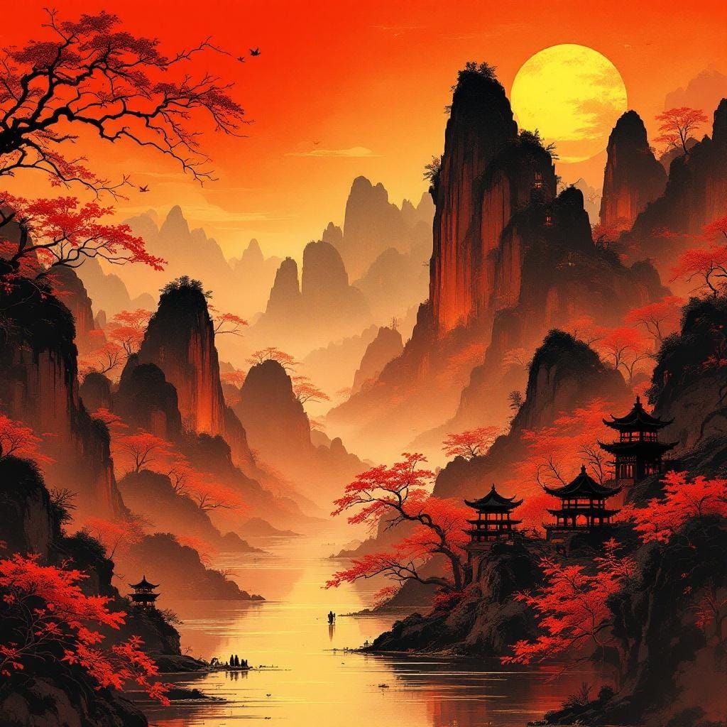 Fire Red Guilin Landscape in Chinese Drawing Style