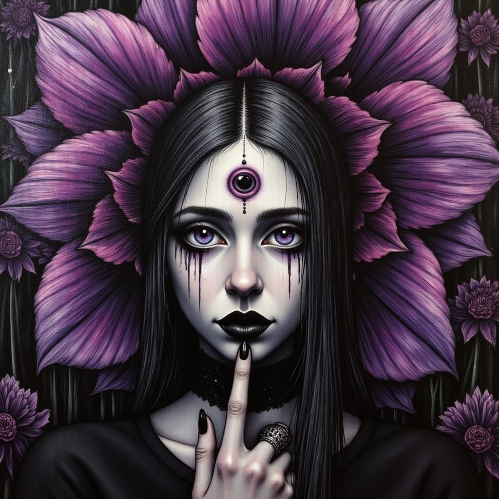 Gothic Woman Crying Black Tears Inside Metal Dahlia