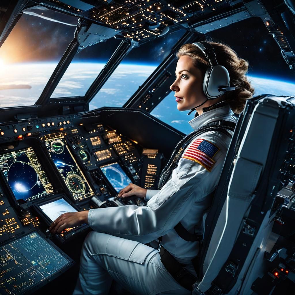 Woman Pilot in Spaceship Cockpit Traveling at Highspeed