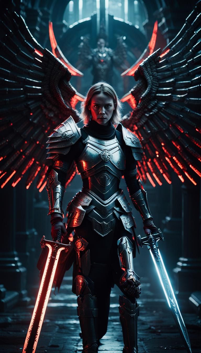 Heroine in Armor Battles Dark Valkyrie in Neon-Drenched Stor...