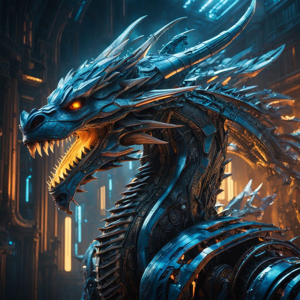 Gigantic Robotic Dragon in Electric Blue Flight