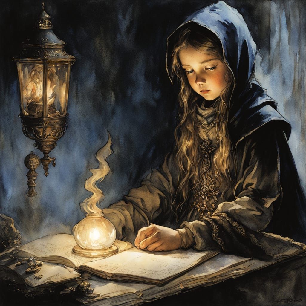 Chiaroscuro Watercolor Wizard Girl, Rackham Inspired