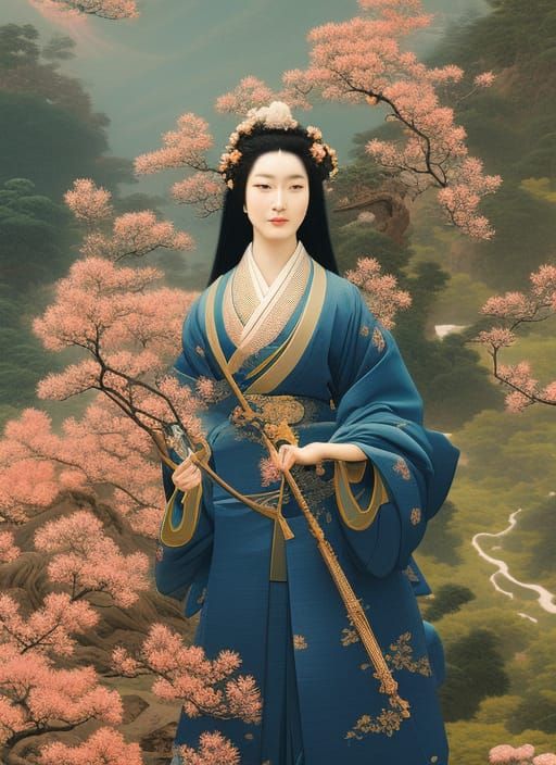 Ukiyo-e Woman on Mount Fuji with Azaleas