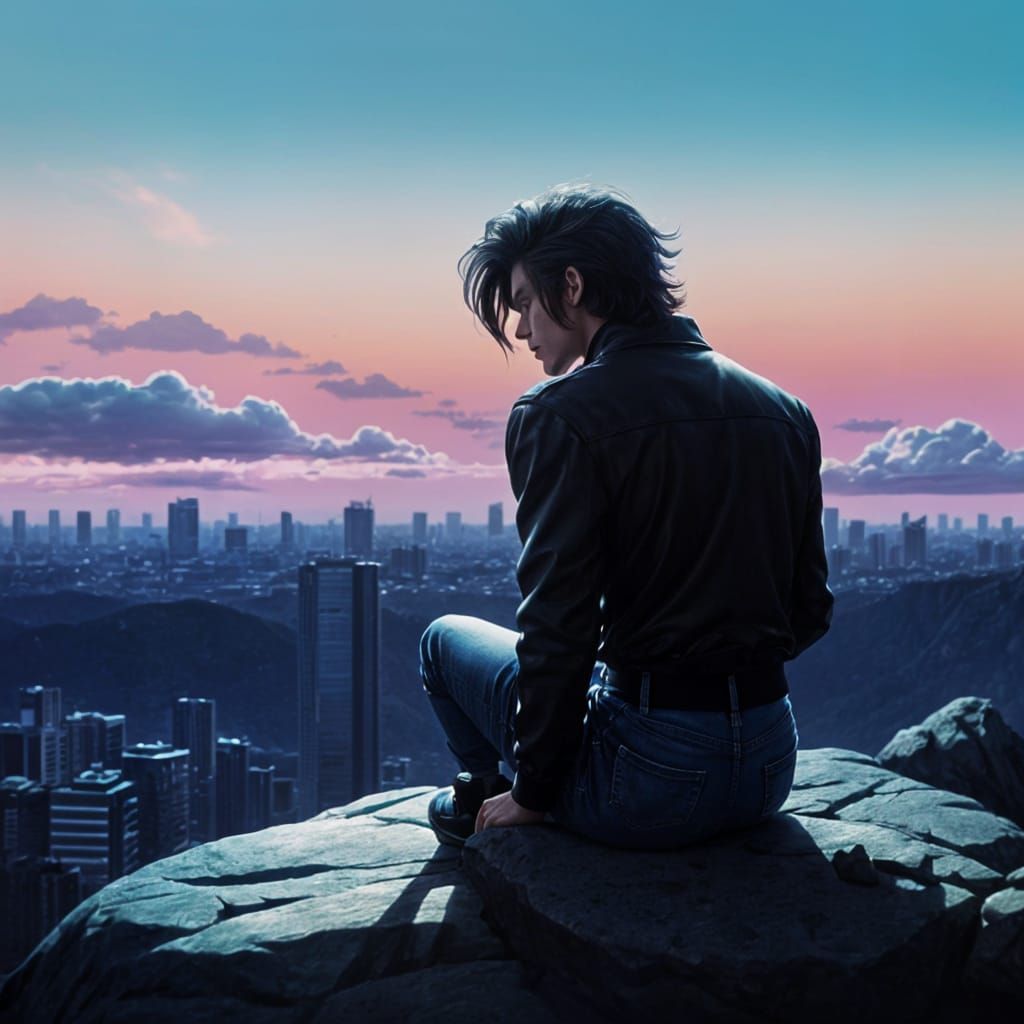 Studio Gibli, 1980's anime, vaporwave, sad greaser guy sitting on a rocky outcrop overlooking the city, view from behind...