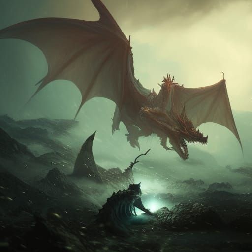 Knight and Dragon Battle: Dark Fantasy Art