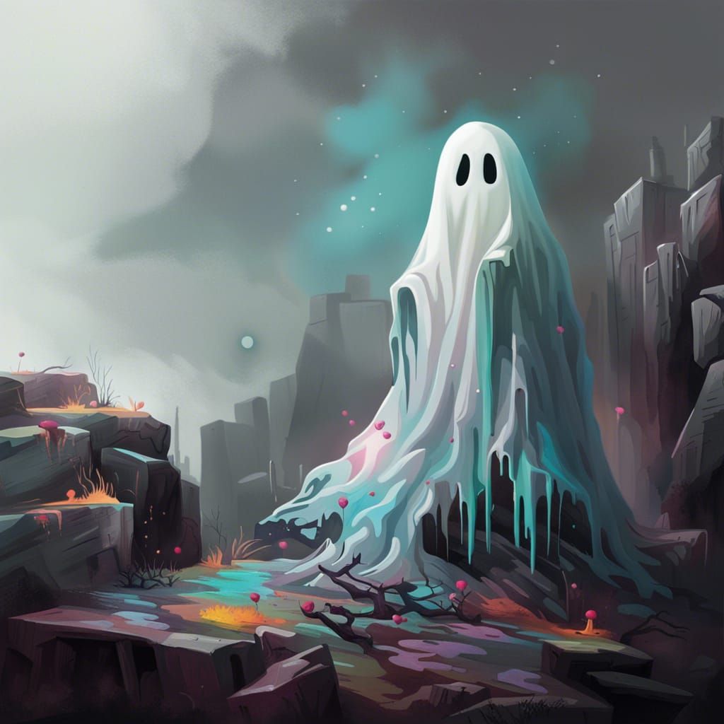 Supercute Ghost on a Sinister Cliff in Graffiti Style