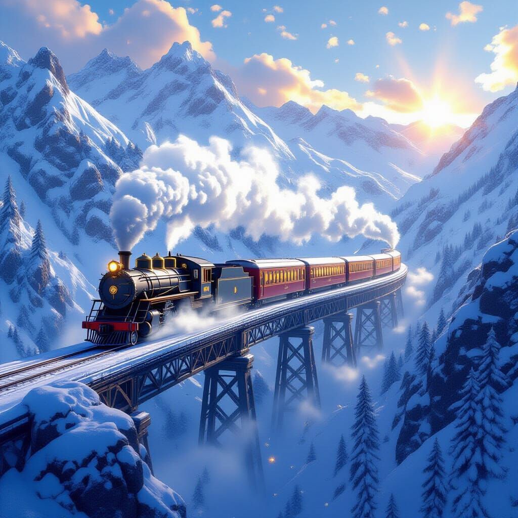 Magical Snow Train on Mountain Bridge