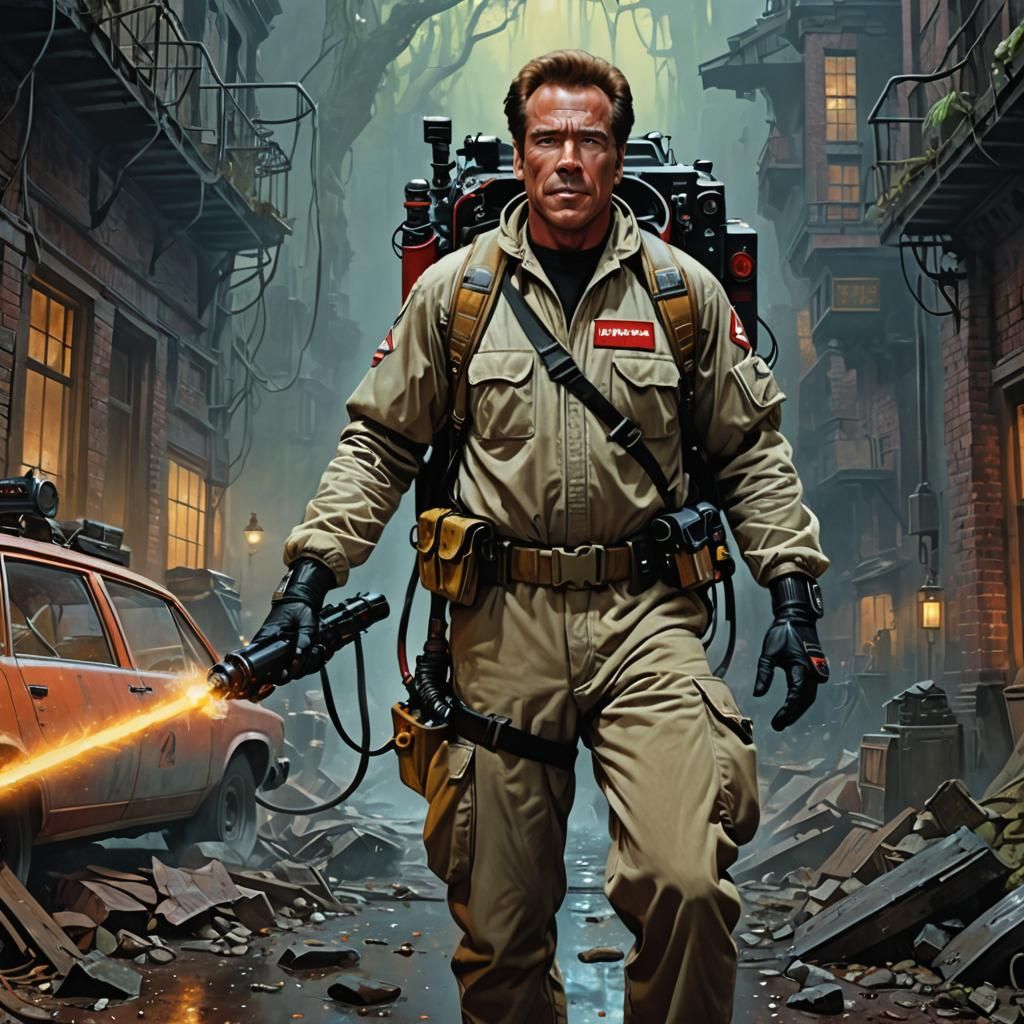 Arnold Schwarzenegger dressed as a Ghostbuster in the 1980s , wielding glowing lightsaber