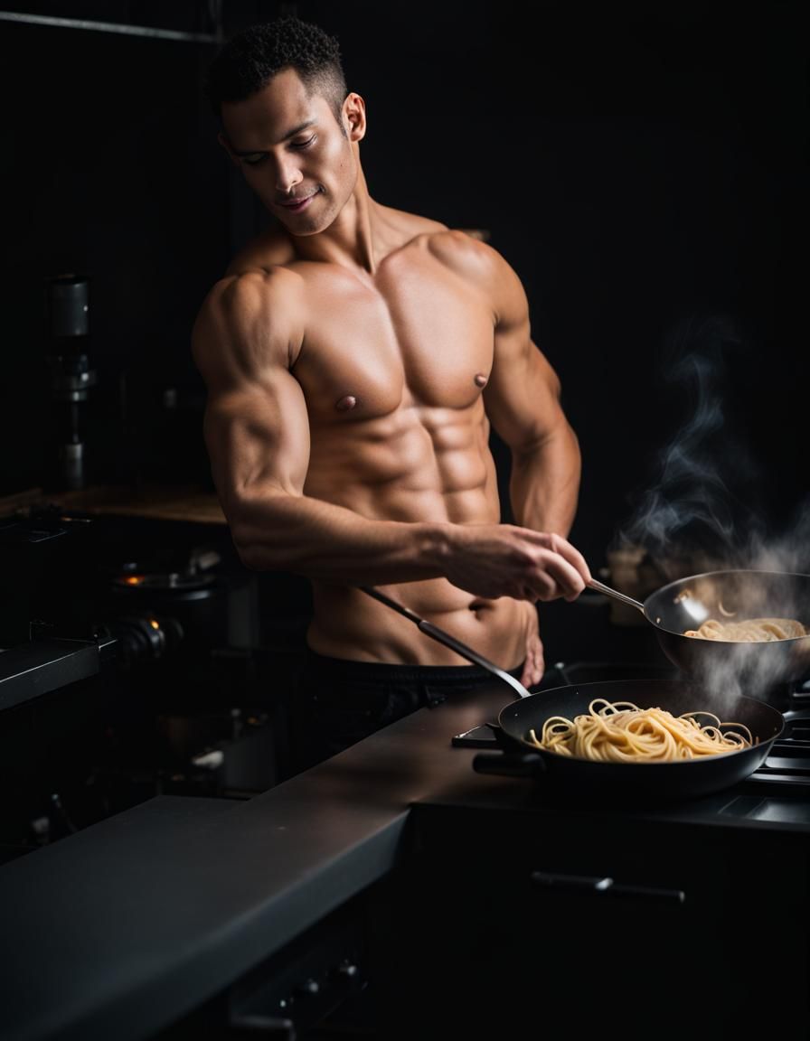Shirtless Cook Prepares Pasta: Professional Photography