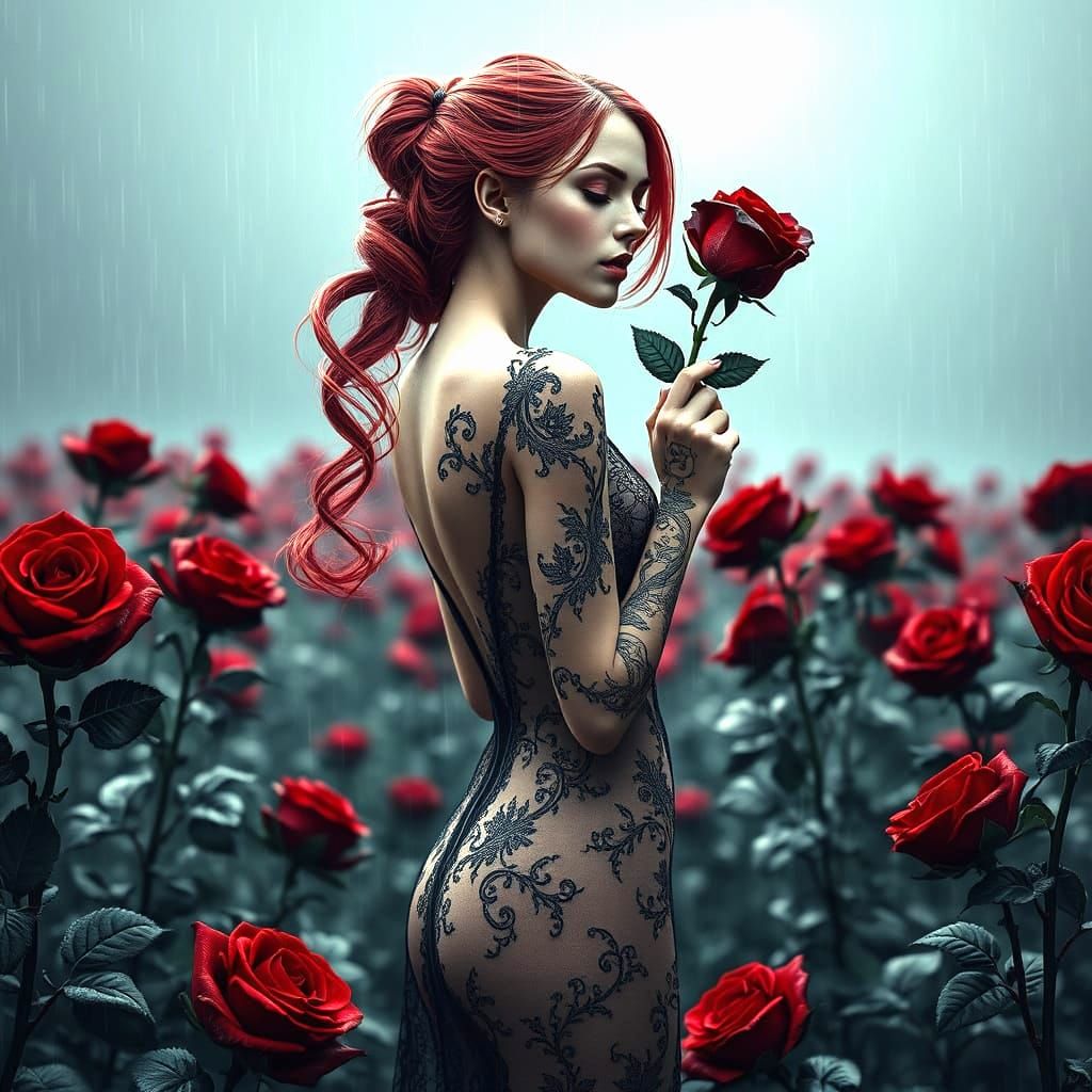 Ethereal Woman Amidst Black Roses in Gothic Elegance