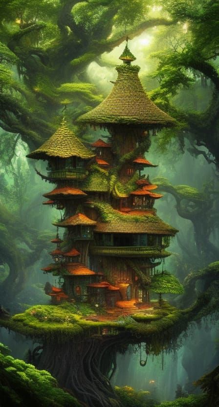 Fantasy Treehouse on Bonsai Tree in Surreal Style