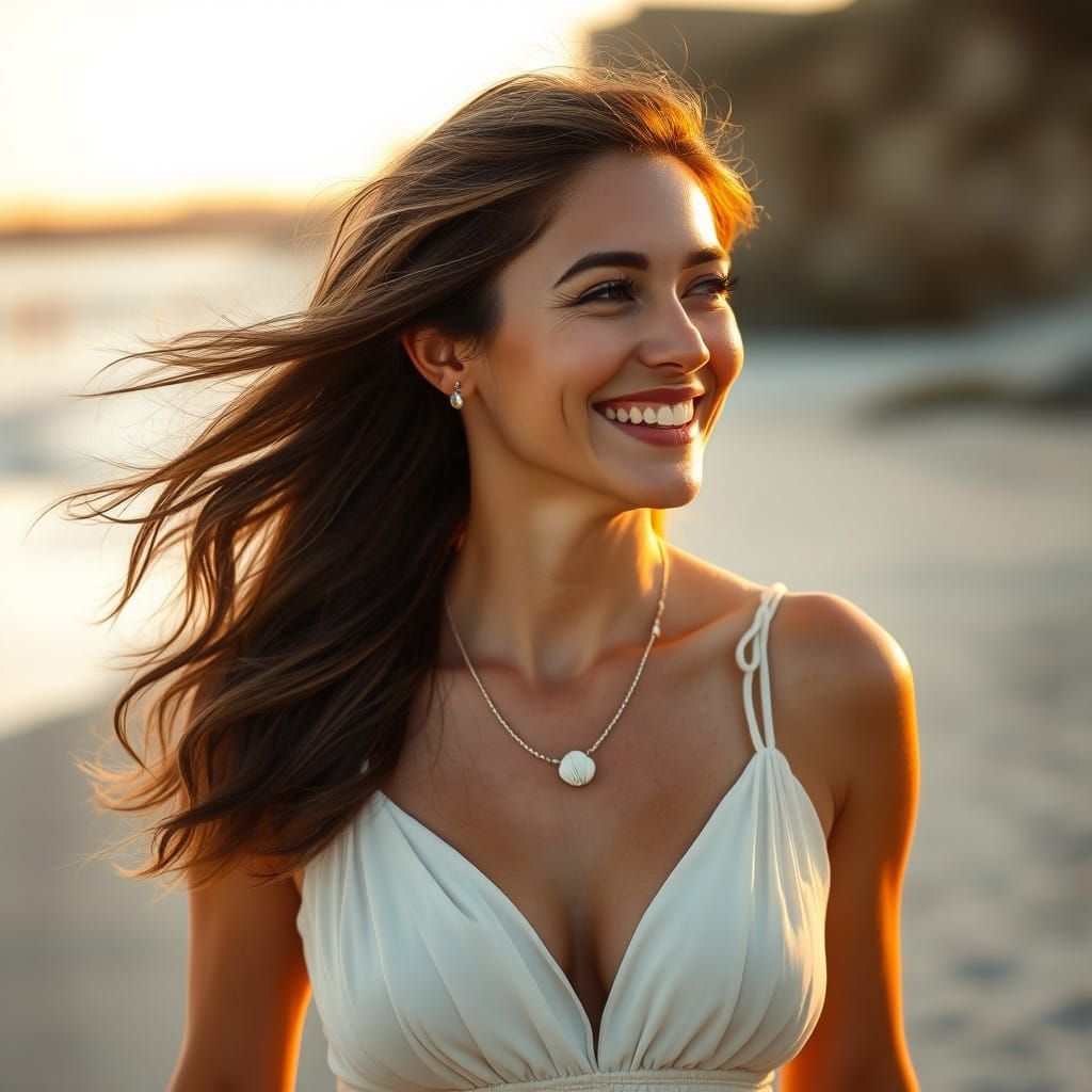 Woman Captured in Whimsical Beachside Moment